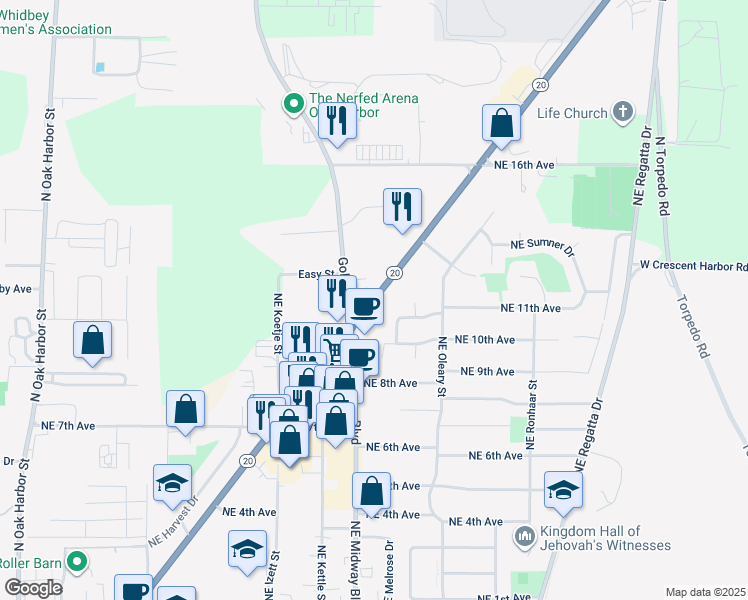 map of restaurants, bars, coffee shops, grocery stores, and more near 33020 State Route 20 in Oak Harbor