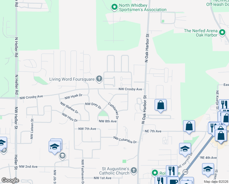 map of restaurants, bars, coffee shops, grocery stores, and more near 280 Northwest Clipper Drive in Oak Harbor