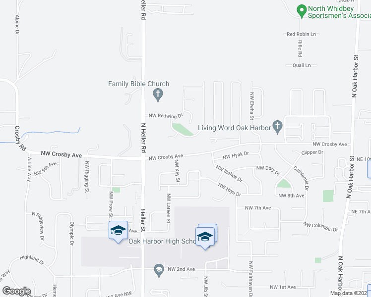 map of restaurants, bars, coffee shops, grocery stores, and more near 1030 Northwest Crosby Avenue in Oak Harbor
