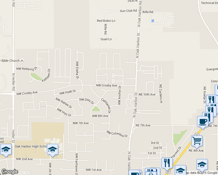 map of restaurants, bars, coffee shops, grocery stores, and more near 280 Northwest Clipper Drive in Oak Harbor