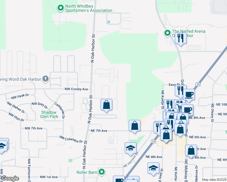 map of restaurants, bars, coffee shops, grocery stores, and more near 1079 Northeast Cordero Place in Oak Harbor