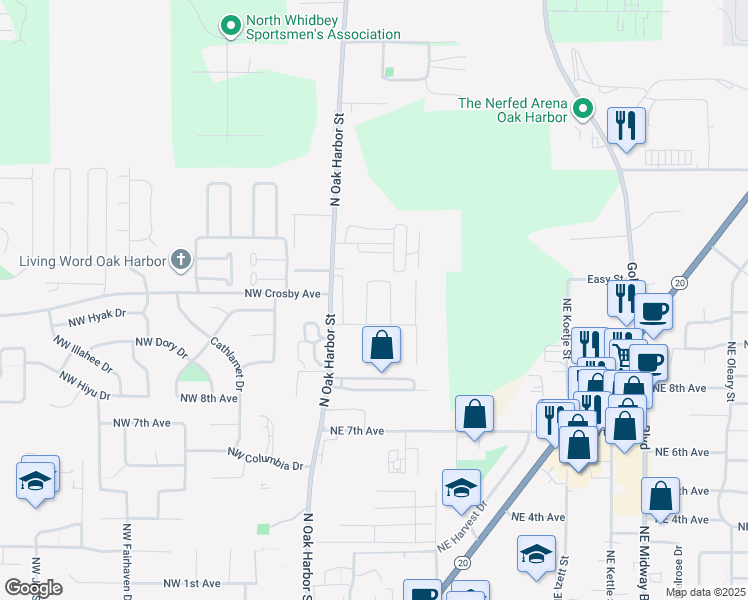 map of restaurants, bars, coffee shops, grocery stores, and more near 1371 Northeast Berry Loop in Oak Harbor