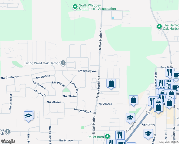 map of restaurants, bars, coffee shops, grocery stores, and more near 65 Northwest Crosby Avenue in Oak Harbor