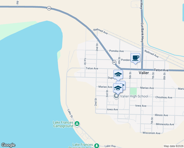 map of restaurants, bars, coffee shops, grocery stores, and more near 129 Dupuyer Avenue in Conrad