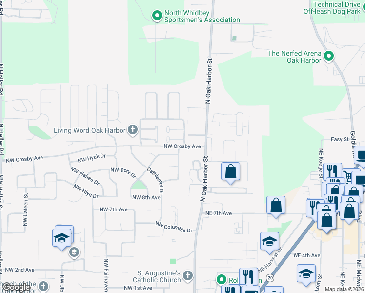 map of restaurants, bars, coffee shops, grocery stores, and more near 1079 Northwest Anchor Drive in Oak Harbor