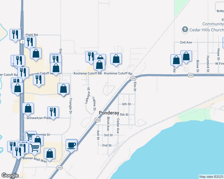 map of restaurants, bars, coffee shops, grocery stores, and more near 839 Kootenai Cutoff Road in Ponderay