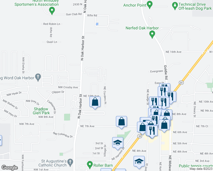 map of restaurants, bars, coffee shops, grocery stores, and more near 1148 Northeast Cordero Place in Oak Harbor