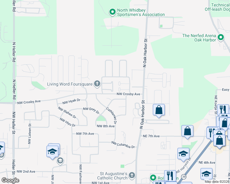 map of restaurants, bars, coffee shops, grocery stores, and more near 280 Northwest Clipper Drive in Oak Harbor