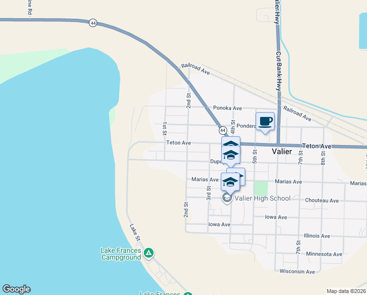 map of restaurants, bars, coffee shops, grocery stores, and more near 129 Conrad Dupuyer Road in Valier