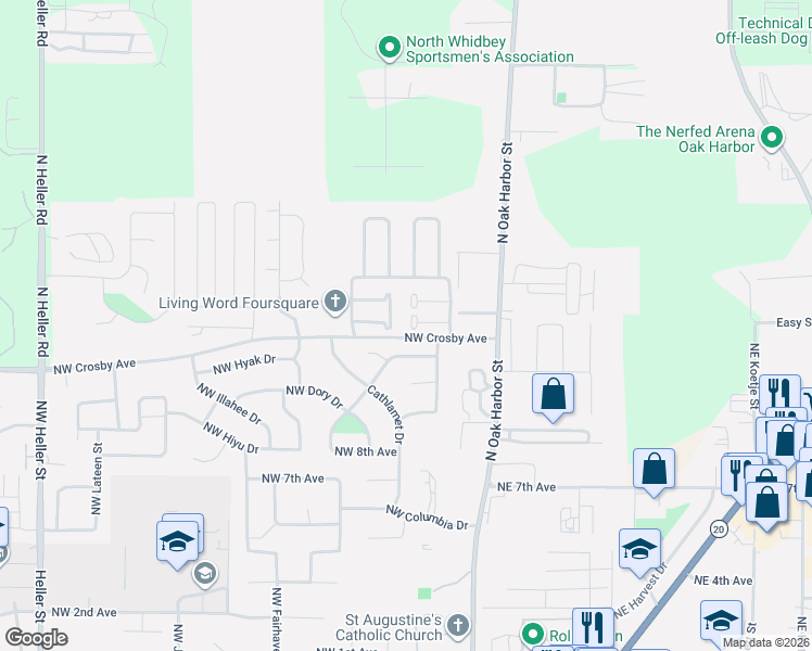 map of restaurants, bars, coffee shops, grocery stores, and more near 280 Northwest Clipper Drive in Oak Harbor