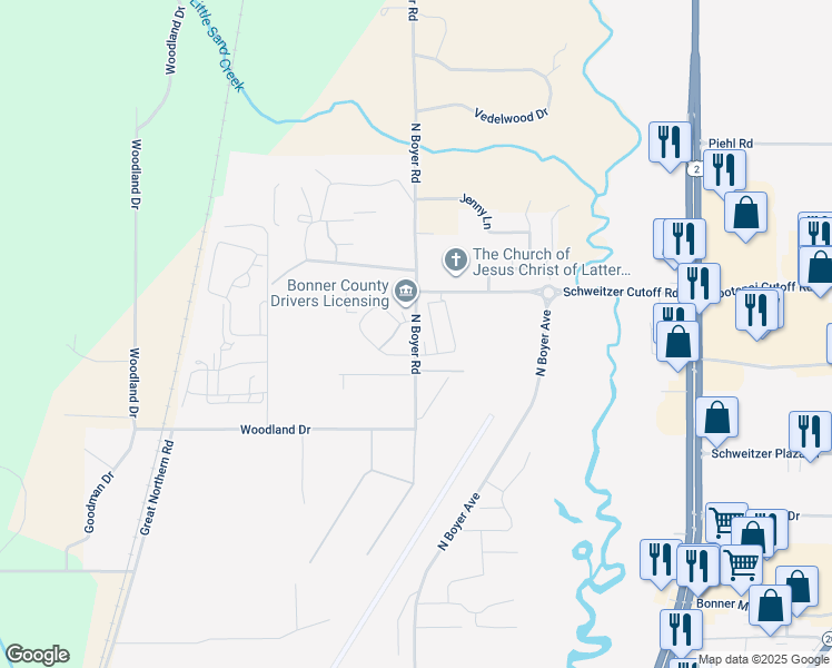 map of restaurants, bars, coffee shops, grocery stores, and more near 4105 North Boyer Avenue in Sandpoint