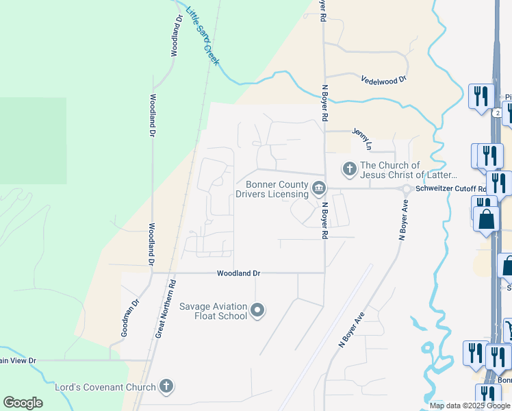 map of restaurants, bars, coffee shops, grocery stores, and more near 4105 North Boyer Avenue in Sandpoint