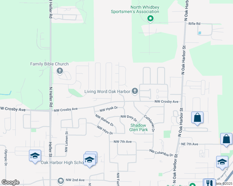 map of restaurants, bars, coffee shops, grocery stores, and more near 1301 Northwest Elwha Street in Oak Harbor