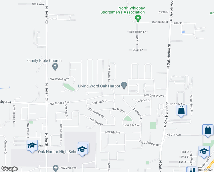 map of restaurants, bars, coffee shops, grocery stores, and more near 1261 Northwest Elwha Street in Oak Harbor