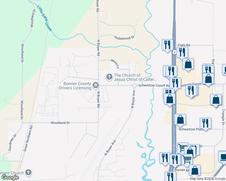 map of restaurants, bars, coffee shops, grocery stores, and more near 405 Schweitzer Cutoff Road in Sandpoint