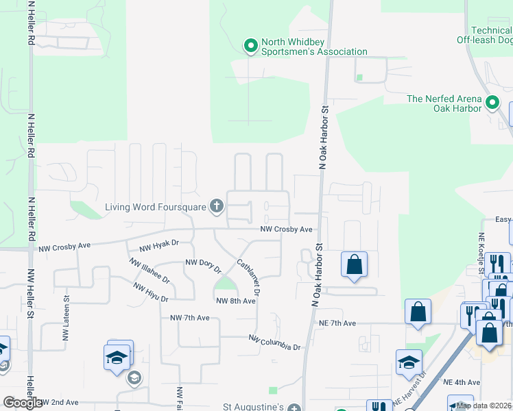 map of restaurants, bars, coffee shops, grocery stores, and more near 295 Northwest Cherry Hill Loop in Oak Harbor