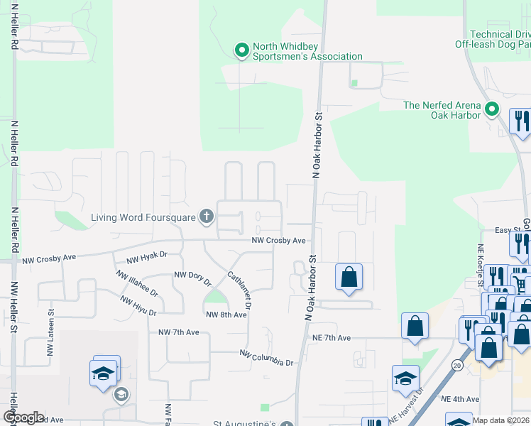 map of restaurants, bars, coffee shops, grocery stores, and more near 149 Northwest Cherry Hill Loop in Oak Harbor