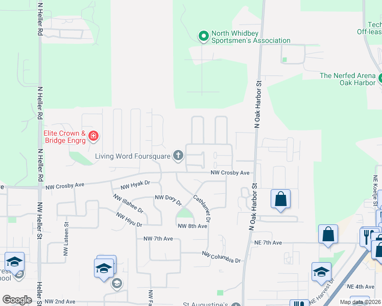 map of restaurants, bars, coffee shops, grocery stores, and more near 397 Northwest Cherry Hill Loop in Oak Harbor