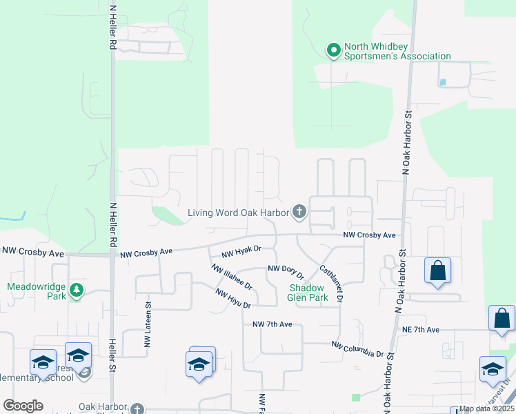 map of restaurants, bars, coffee shops, grocery stores, and more near 1293 Northwest Elwha Street in Oak Harbor