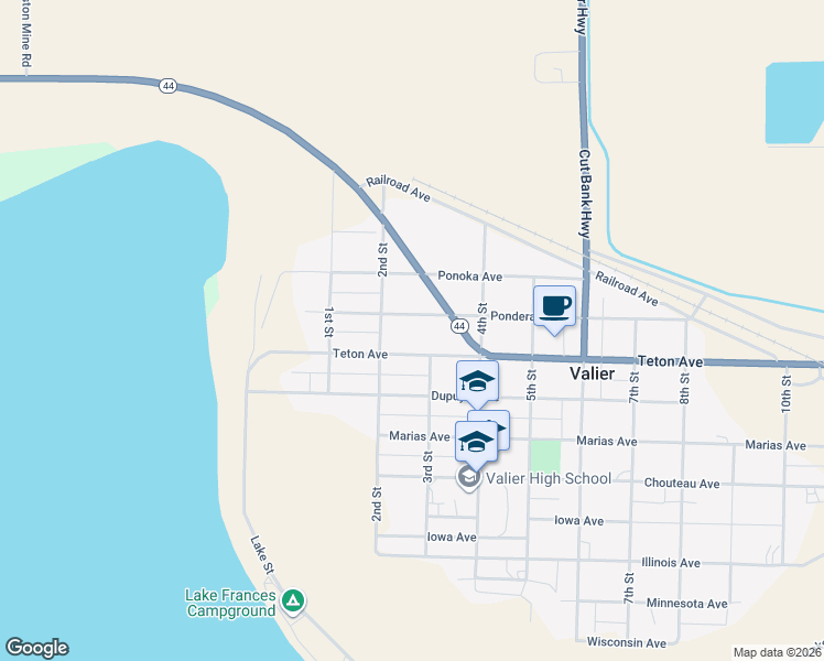 map of restaurants, bars, coffee shops, grocery stores, and more near 230 Pondera Avenue in Valier