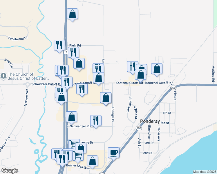 map of restaurants, bars, coffee shops, grocery stores, and more near 750 Kootenai Cutoff Road in Ponderay
