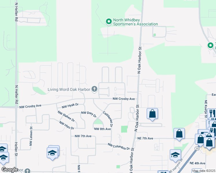 map of restaurants, bars, coffee shops, grocery stores, and more near 295 Northwest Cherry Hill Loop in Oak Harbor