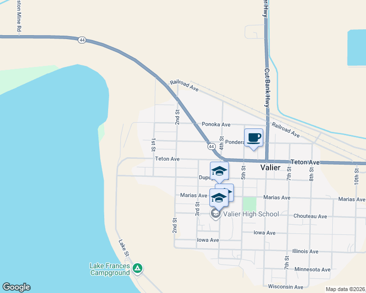 map of restaurants, bars, coffee shops, grocery stores, and more near 230 Pondera Avenue in Valier