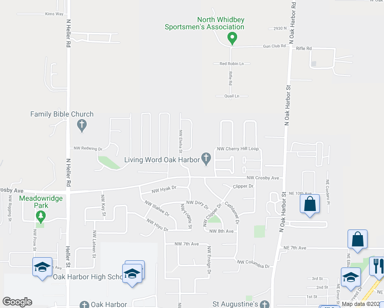 map of restaurants, bars, coffee shops, grocery stores, and more near 1342 Northwest Falls Creek Loop in Oak Harbor