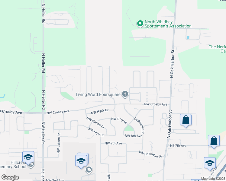 map of restaurants, bars, coffee shops, grocery stores, and more near 1301 Northwest Elwha Street in Oak Harbor
