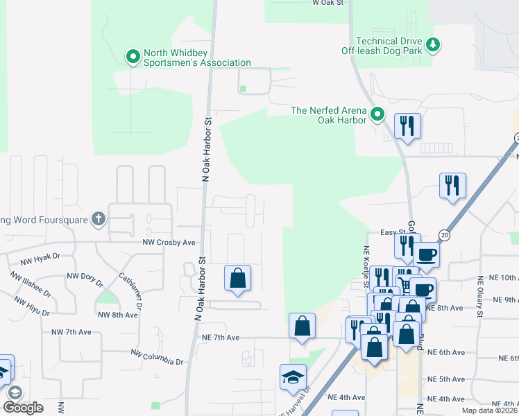 map of restaurants, bars, coffee shops, grocery stores, and more near 1320 North Oak Harbor Street in Oak Harbor