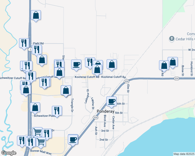 map of restaurants, bars, coffee shops, grocery stores, and more near 895 Kootenai Cutoff Road in Ponderay