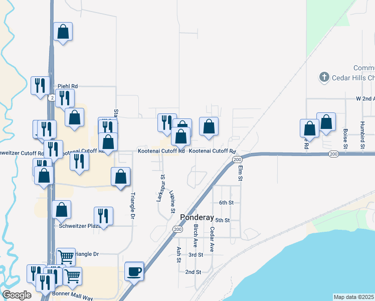 map of restaurants, bars, coffee shops, grocery stores, and more near 895 Kootenai Cutoff Road in Ponderay