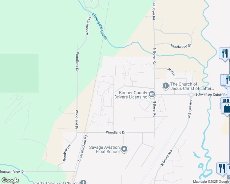 map of restaurants, bars, coffee shops, grocery stores, and more near 4207 Samuelson Drive in Sandpoint