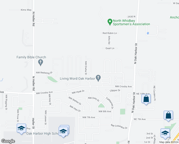 map of restaurants, bars, coffee shops, grocery stores, and more near 1342 Northwest Falls Creek Loop in Oak Harbor