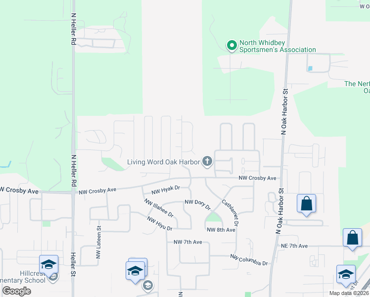 map of restaurants, bars, coffee shops, grocery stores, and more near 1301 Northwest Elwha Street in Oak Harbor