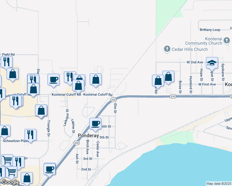 map of restaurants, bars, coffee shops, grocery stores, and more near 1200 Kootenai Cutoff Road in Ponderay