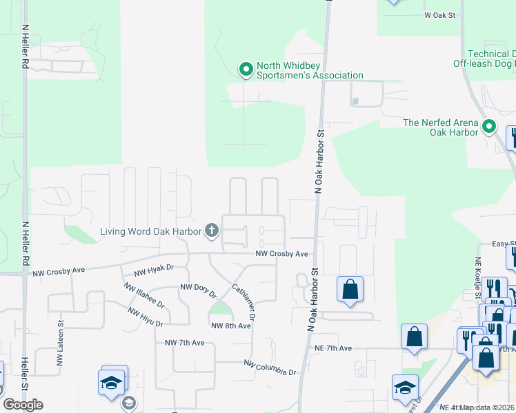 map of restaurants, bars, coffee shops, grocery stores, and more near 1766 Northwest Almond Loop in Oak Harbor