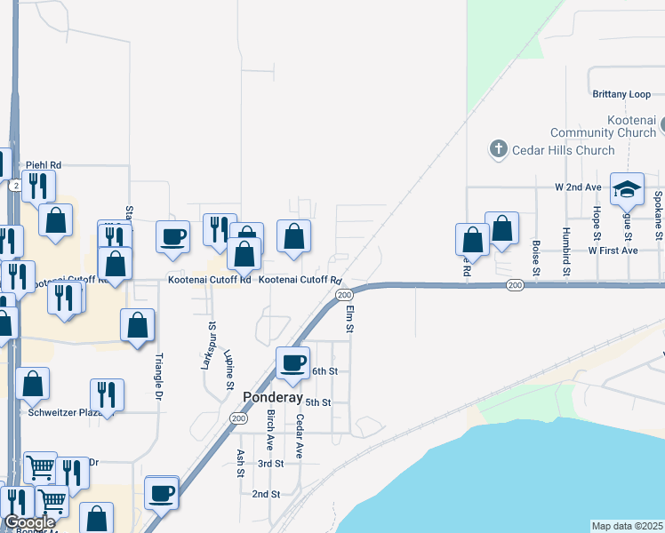 map of restaurants, bars, coffee shops, grocery stores, and more near 1200 Kootenai Cutoff Road in Ponderay