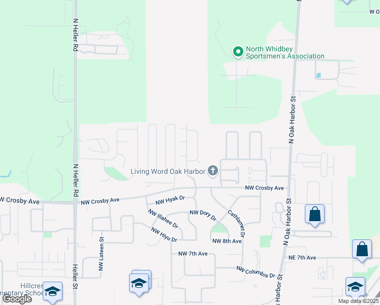 map of restaurants, bars, coffee shops, grocery stores, and more near 1301 Northwest Elwha Street in Oak Harbor