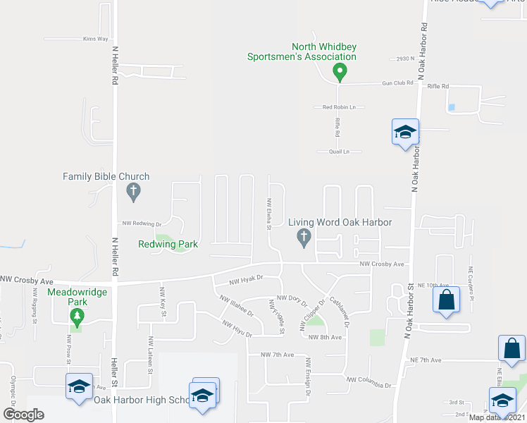 map of restaurants, bars, coffee shops, grocery stores, and more near 1459 Northwest Elwha Street in Oak Harbor