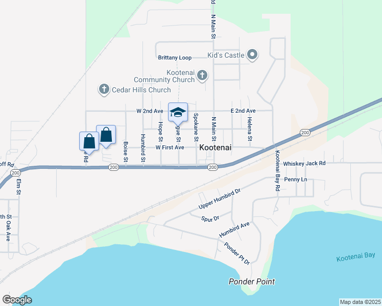 map of restaurants, bars, coffee shops, grocery stores, and more near 201 Spokane Street in Kootenai