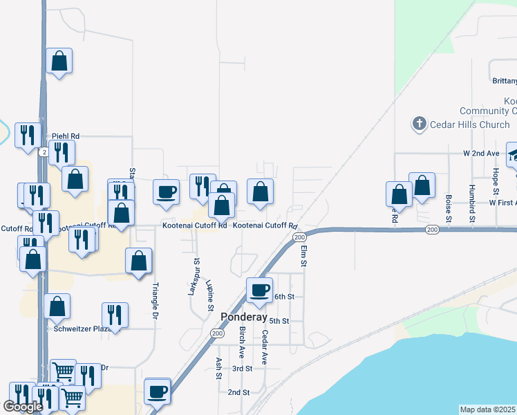 map of restaurants, bars, coffee shops, grocery stores, and more near 405 Vermeer Drive in Ponderay