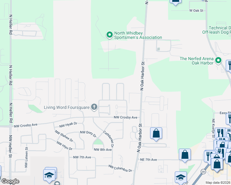 map of restaurants, bars, coffee shops, grocery stores, and more near 1555 Northwest Almond Loop in Oak Harbor