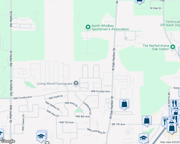 map of restaurants, bars, coffee shops, grocery stores, and more near 1558 Northwest Camellia Loop in Oak Harbor