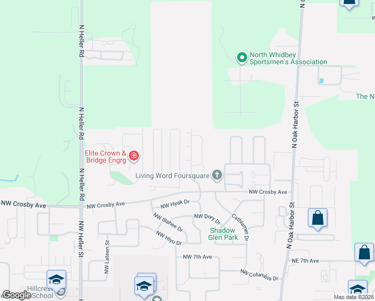 map of restaurants, bars, coffee shops, grocery stores, and more near 1385 Northwest Elwha Street in Oak Harbor