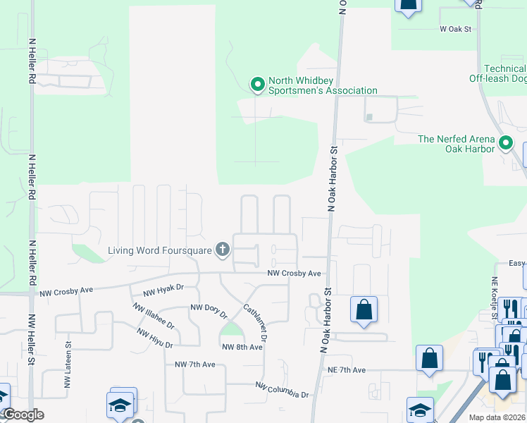 map of restaurants, bars, coffee shops, grocery stores, and more near 1558 Northwest Camellia Loop in Oak Harbor