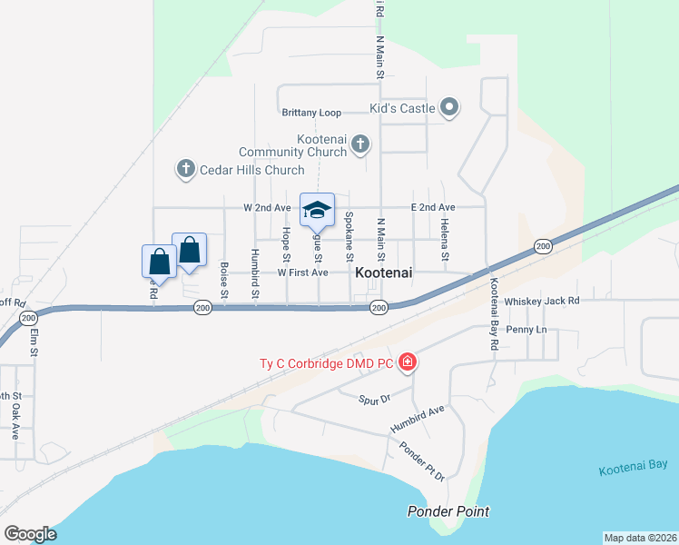 map of restaurants, bars, coffee shops, grocery stores, and more near 201 Spokane Street in Kootenai