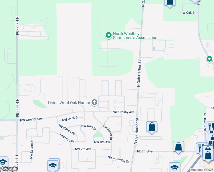 map of restaurants, bars, coffee shops, grocery stores, and more near 1558 Northwest Camellia Loop in Oak Harbor