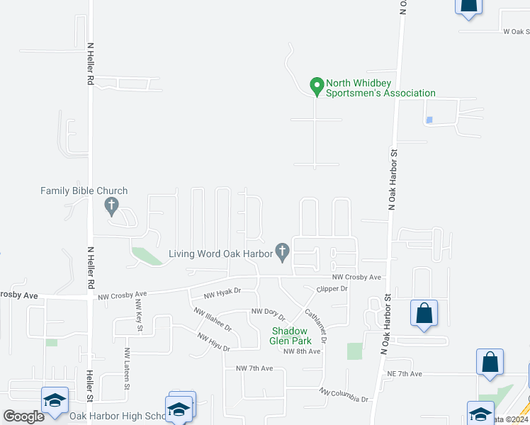 map of restaurants, bars, coffee shops, grocery stores, and more near 1454 Northwest Falls Creek Loop in Oak Harbor