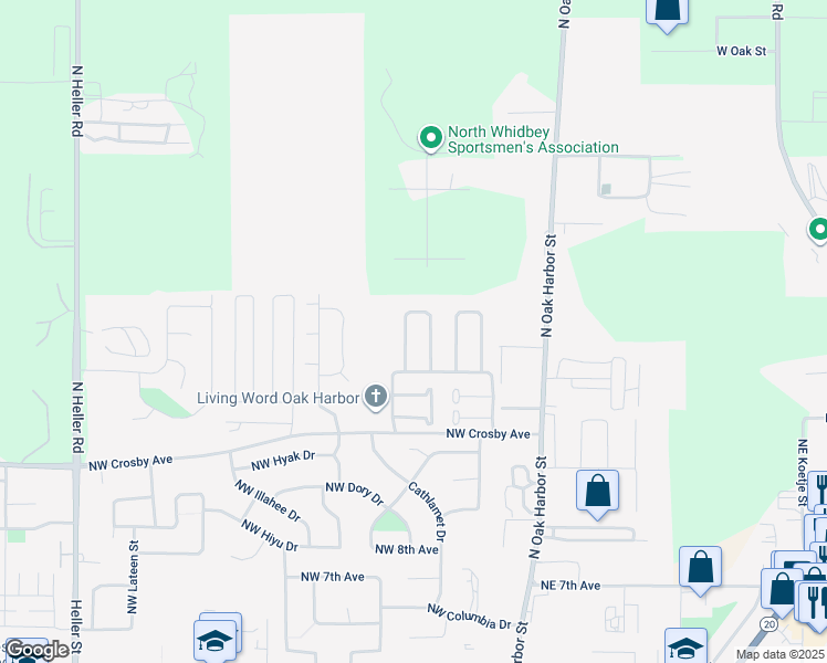 map of restaurants, bars, coffee shops, grocery stores, and more near 1691 Northwest Camellia Loop in Oak Harbor